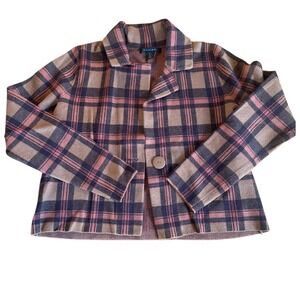 Tahari Plaid Blazer Jacket Women's Large Pink Navy Brown Single Button Knit